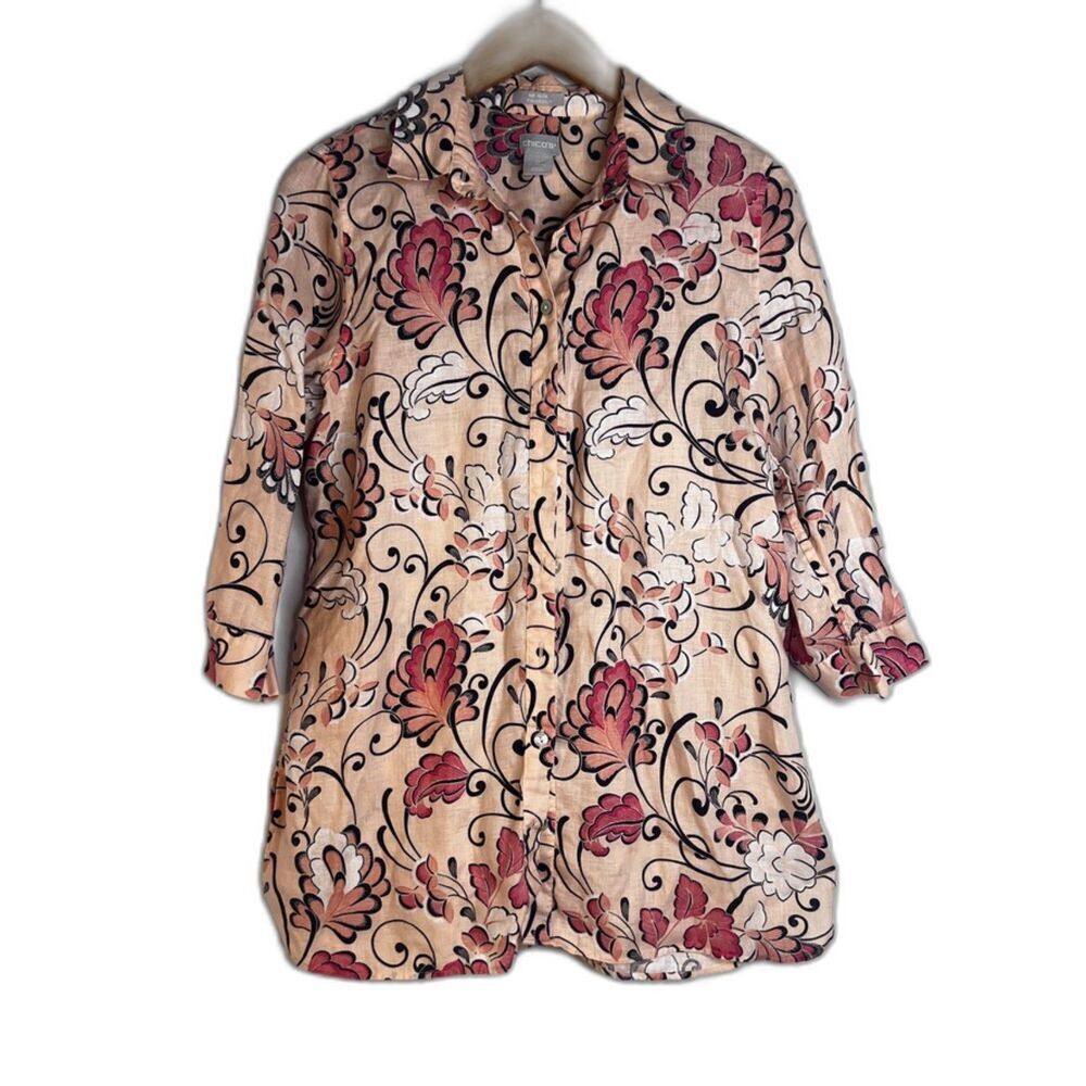 Chico's No-Iron Fresh Chic 100% Linen Pink Floral Button Front Blouse Sz 0(4-6)